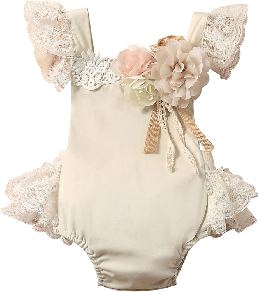 Madjtlqy 2Pcs Newborn Baby Girl Lace Ruffles Sleeve Bodysuits Backless Jumpsuit Clothes Romper Se... | Amazon (US)