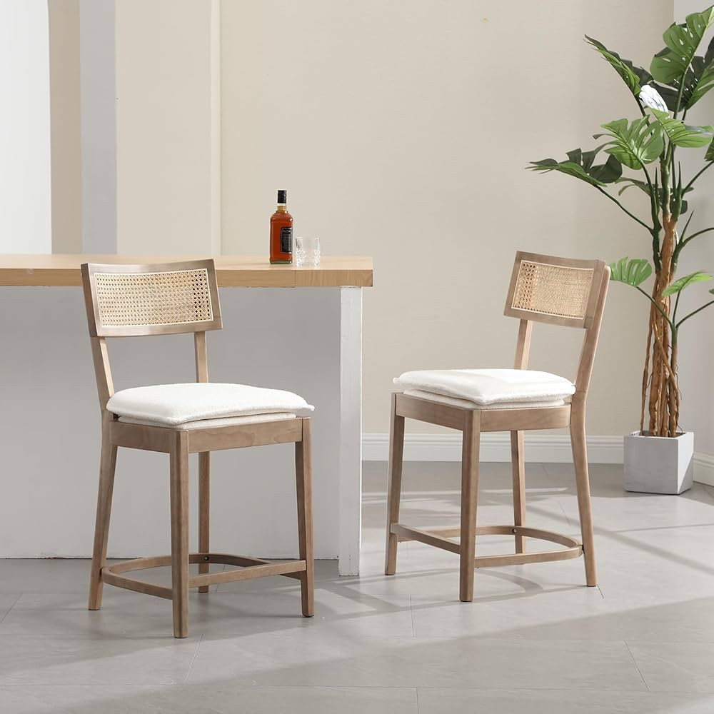 Boucle Counter Height Bar Stools, 26" Modern Rattan Counter Stools with Cane Back, Mid Century Ba... | Amazon (US)