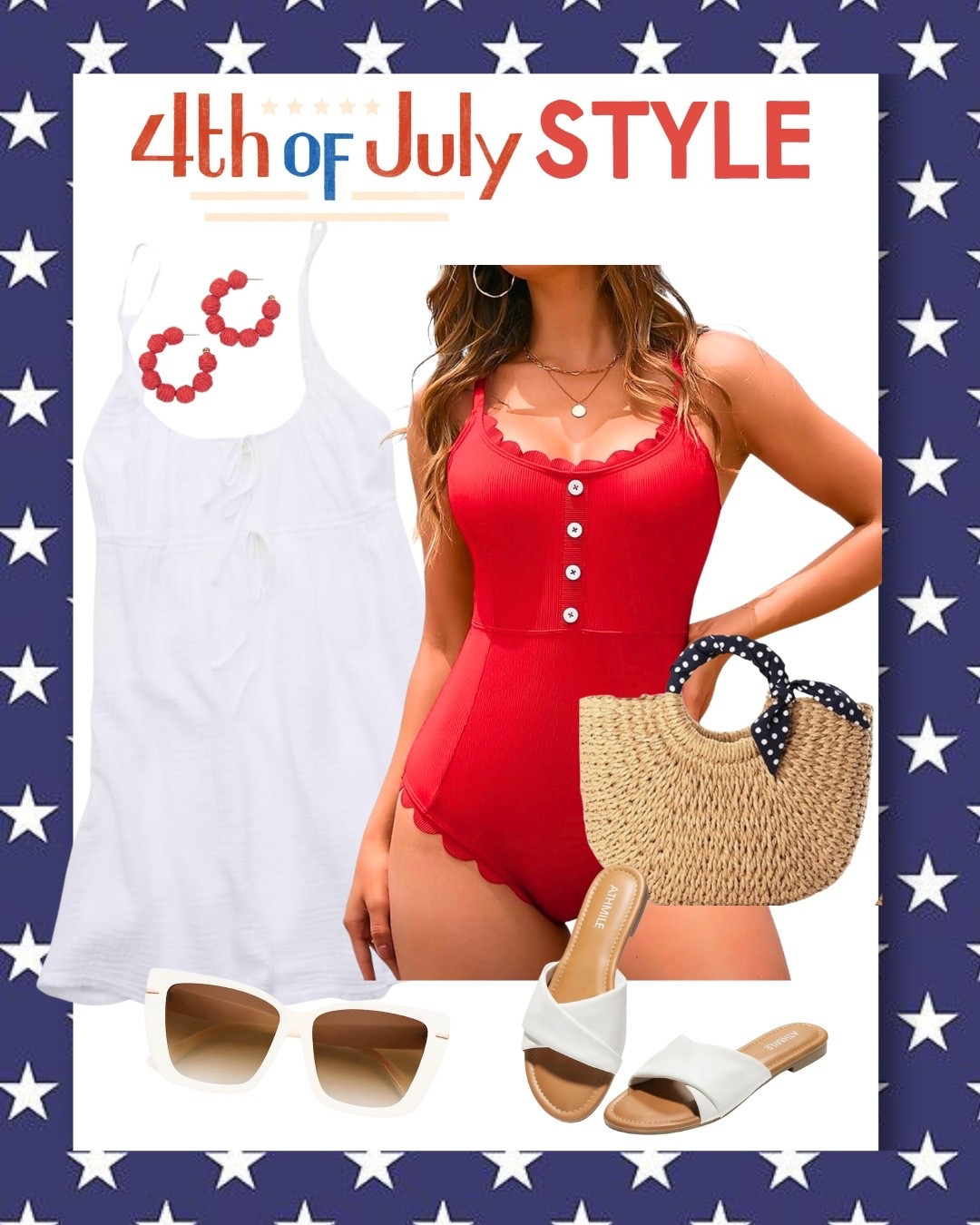 Red, white, and CUTE all over! 🇺🇸✨
This 4th of July look is bringing the heat with this scalloped red suit, star-worthy sunnies and that adorable straw tote with a bow (I mean…😍). Perfect for backyard BBQs, pool parties, or beach hangs!

☀️ Easy, festive, and fab! Shop the whole look below and get ready to turn heads this holiday! 🔗 ⬇️
#4thofJulyStyle #RedWhiteAndYou #SummerStyle #BeccaFritzFinds #LTKsummer #LTKswim 

#LTKFindsUnder50 #LTKSaleAlert #LTKSummerEdit