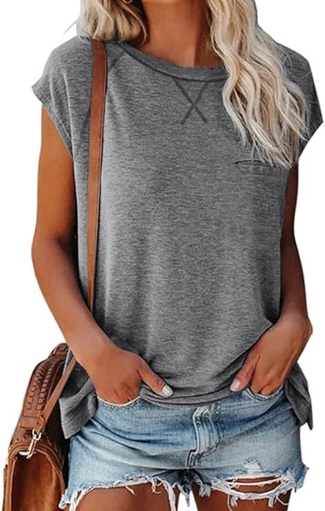 Women's Short Sleeve Crewneck Tops Solid Color Loose T Shirts Tee with Pocket | Amazon (US)