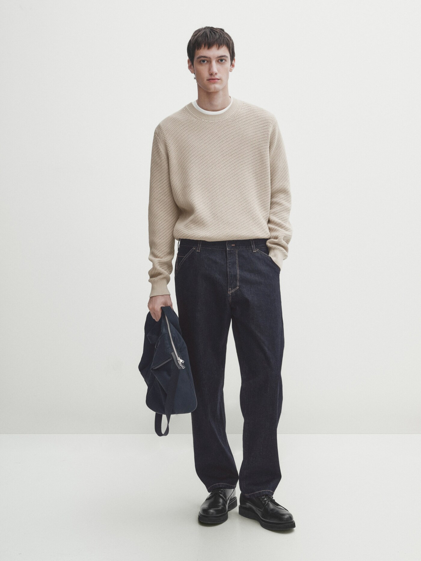 Crew neck cotton mesh knit sweater | Massimo Dutti UK