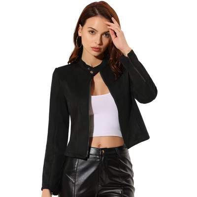 Allegra K Women's Faux Suede Stand Collar Zip Up Long Sleeve Moto Biker Jacket Black X-Small | Target