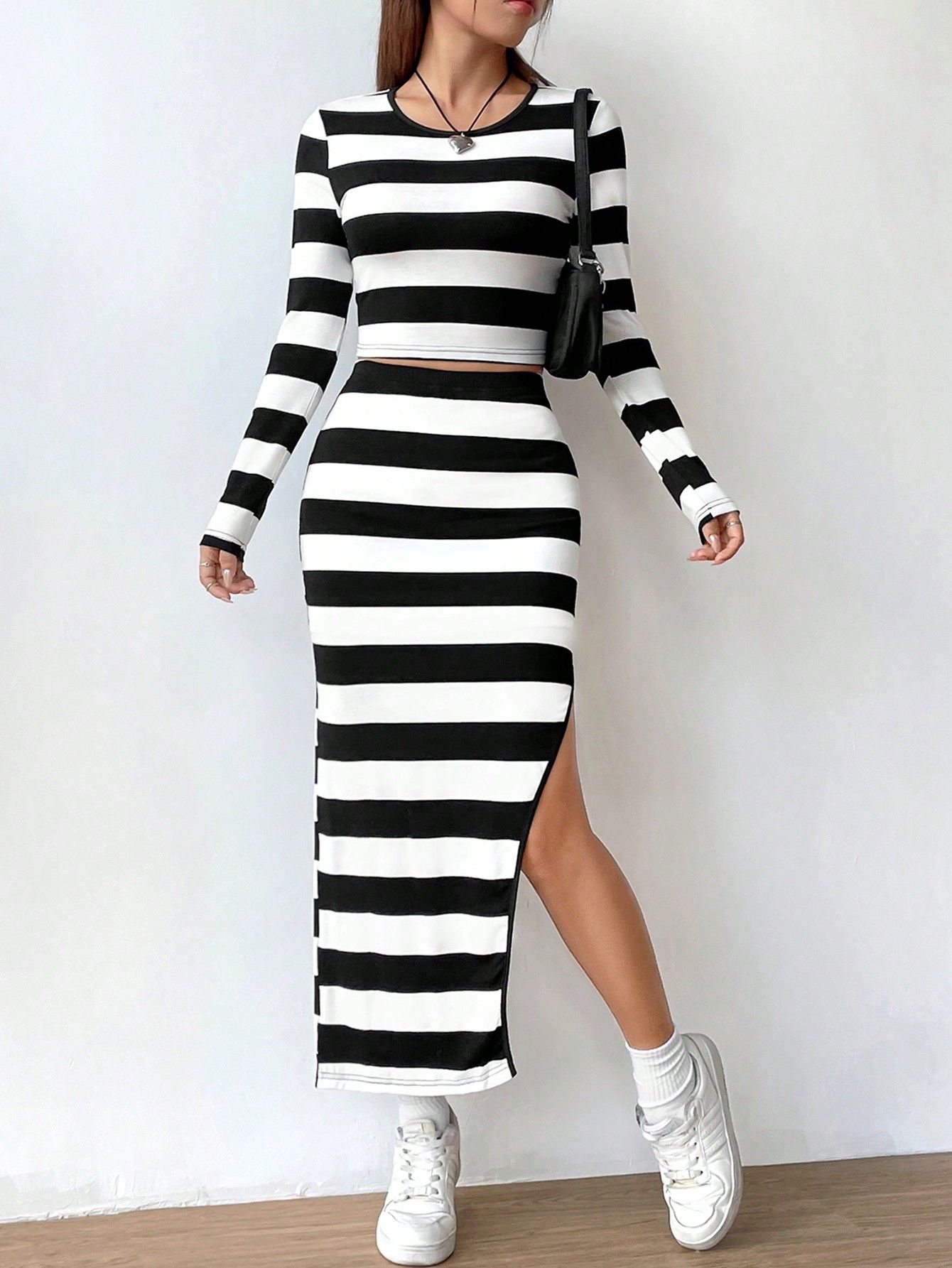 SHEIN EZwear Striped Print Crop Tee & Split Thigh Skirt | SHEIN