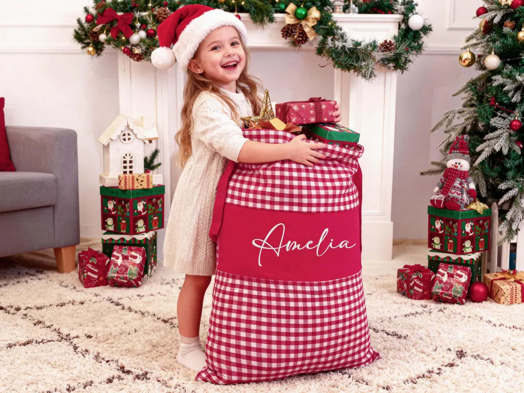 Personalized Large Santa Sack, Embroidered Plaid Santa Bag, Christmas Gift Bag With Name, Family ... | Etsy (US)