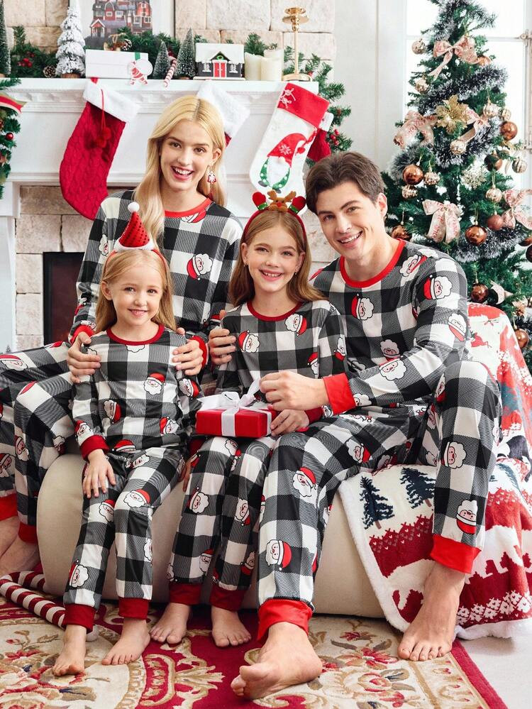 FamilyFrolics 2pcs Christmas Black & White Plaid Santa Claus Contrast Color Jogger T-Shirt & Pant... | SHEIN