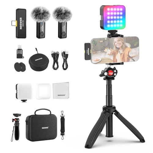 NEEWER PA048 Vlogging Kit for iPhone Android Podcast YouTube with RGB LED Light/KM23 Wireless Microphone System/Selfie Stick Phone Tripod/Cleaning Cloth, Content Creator Essentials | Amazon (US)