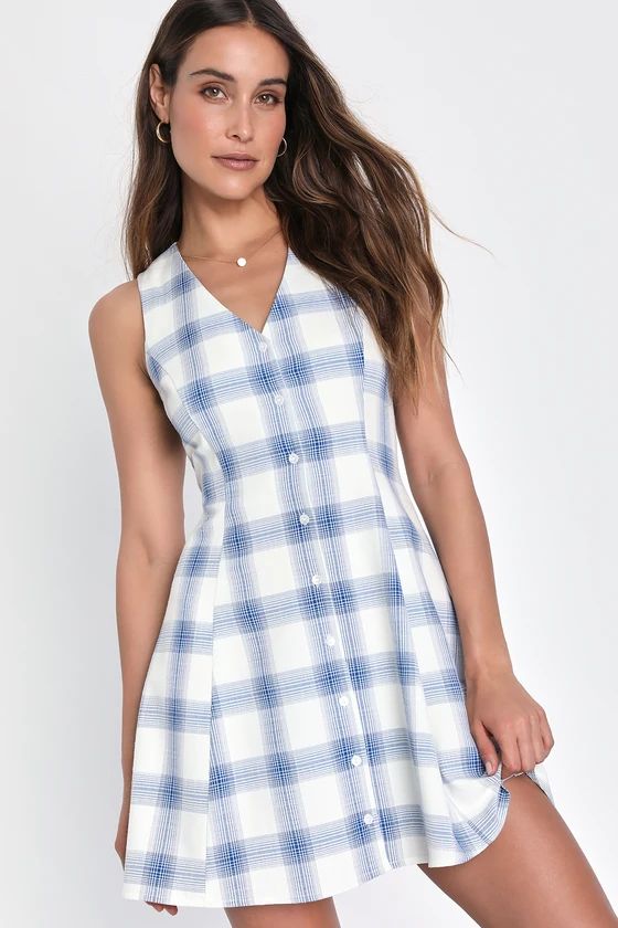 Adorable Energy Ivory and Blue Plaid Button-Front Mini Dress | Lulus (US)