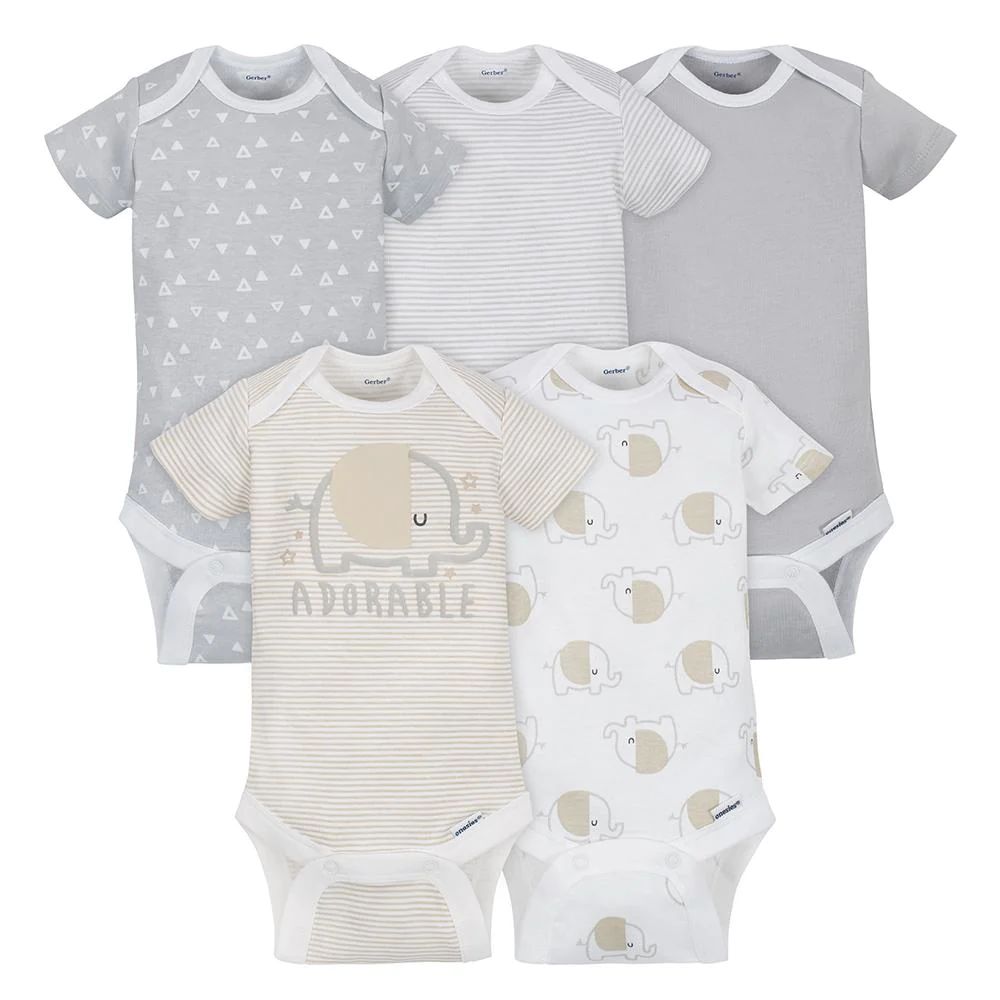 5-Pack Neutral Grey Elephant Short Sleeve Onesies® Bodysuits | Gerber Childrenswear