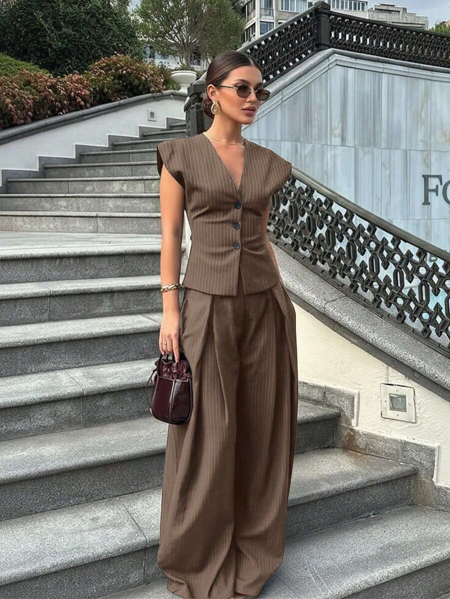 Summer Vacation Elegant Women's 2-Piece Set, Fashionable Ladies Sleeveless V-Neck Striped Blazer ... | SHEIN