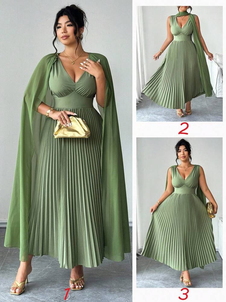 SHEIN Elenzya Plus Size V-Neck Chiffon Patchwork Bat Wing Sleeve Faux Waist Gathering A-Line Hem Pleated Casual Elegant Dress, Suitable For Outings, Vacations And Gatherings Women Dresses Birthday Women Clothes Women Casual Dress Clothes Women Summer Clothing | SHEIN