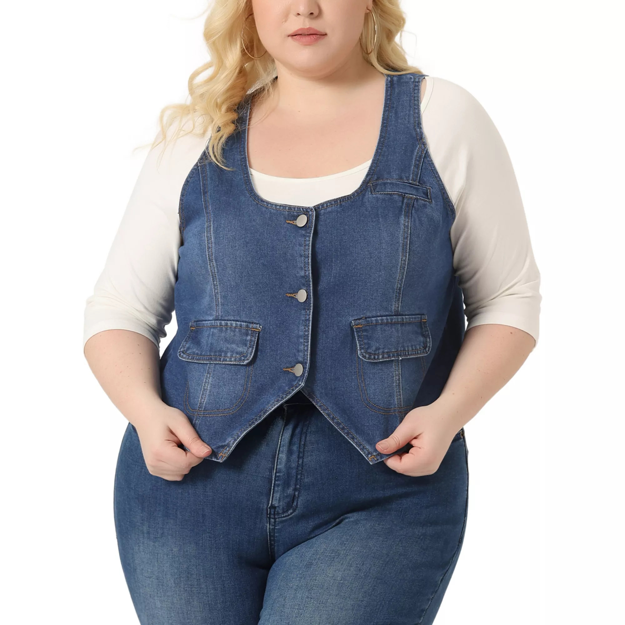 Plus Size Denim Jackets For Women Sleeveless Lightweight Button Jean Crop Waistcoat Vests | Kohl's
