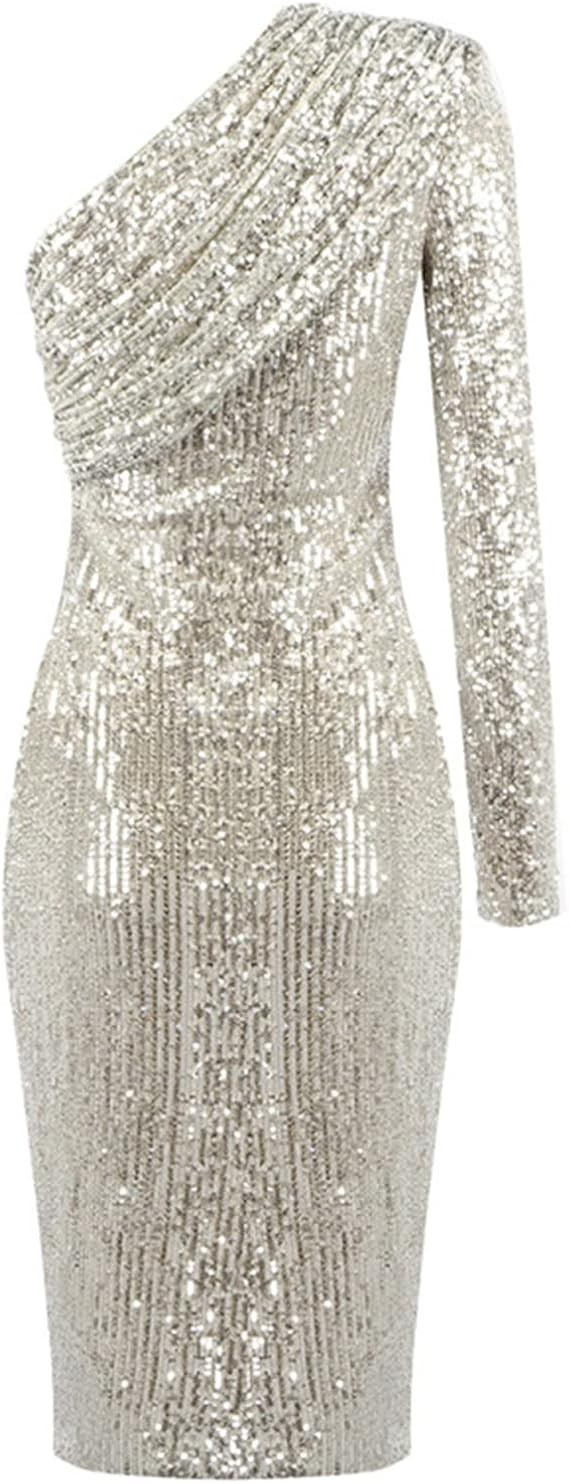 Madam Uniq Women's Sexy One Shoulder Long Sleeve Sequin Sparkle Dress Ruched Evening Gown Midi Fo... | Amazon (US)