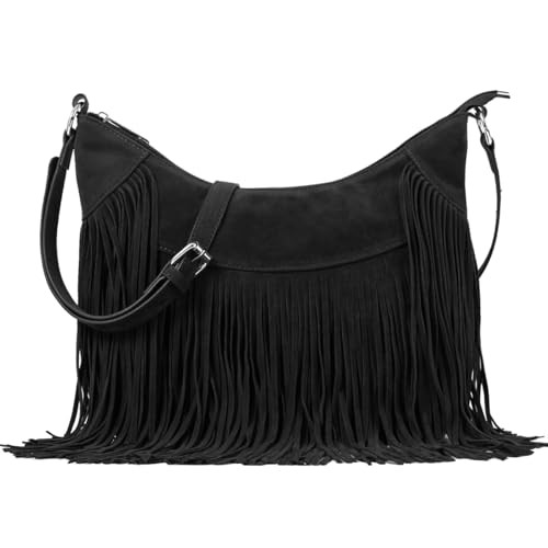 Sunwel Fashion Women Fringe Hobo Bag Western Purse Shoulder Bag Vegan Suede Tassel Hippie Crossbody Bag (Black) | Amazon (US)