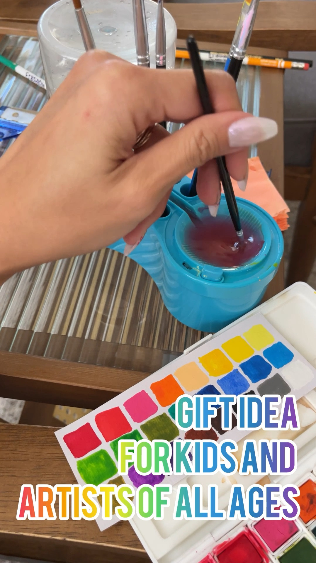 Gift idea 🎨 for artists of any age! I thought this would be just for my kids, but my inner artist loves a clean paint brush rinse cup. Watercolor paint colors show up much more vividly when you’re not rinsing the brush in mucky water. 

There are no batteries or power required, just simply press the button to flush dirty paint water down and the reservoir automatically gets refilled with clean water! 

We’re creating more art these days so I’ve also linked my go-to watercolor paints palette  

#LTKFamily #LTKKids #LTKVideo