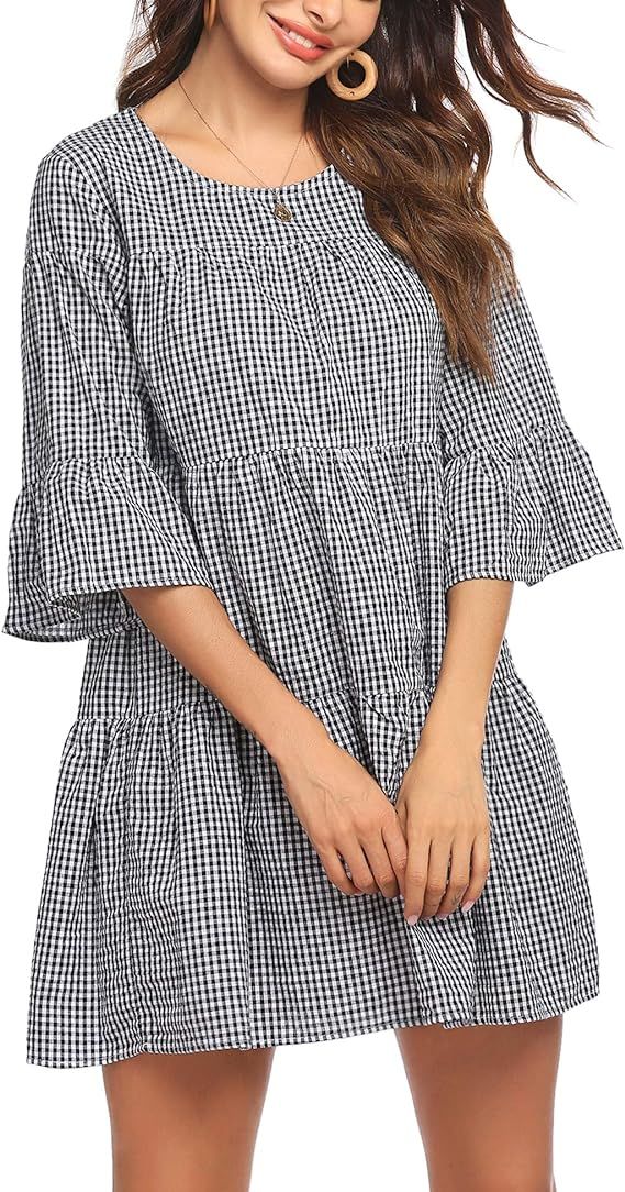 Hotouch Women's Plaid Dresses 3/4 Bell Sleeve Casual Ruffle Sundress A Line Loose Swing Babydoll ... | Amazon (US)