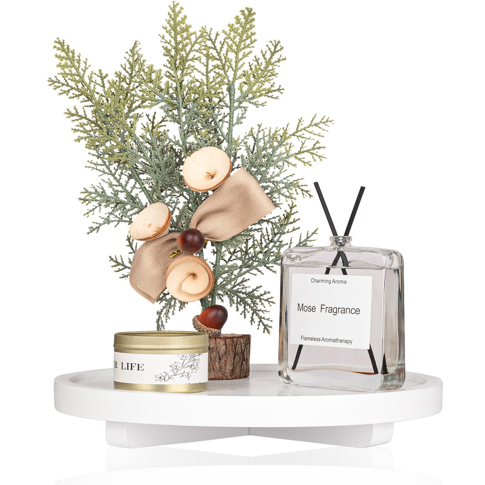 Round Decorative Tray Wood Bathroom Counter Organizer Farmhouse Kitchen Decor Wooden Riser for So... | Amazon (US)