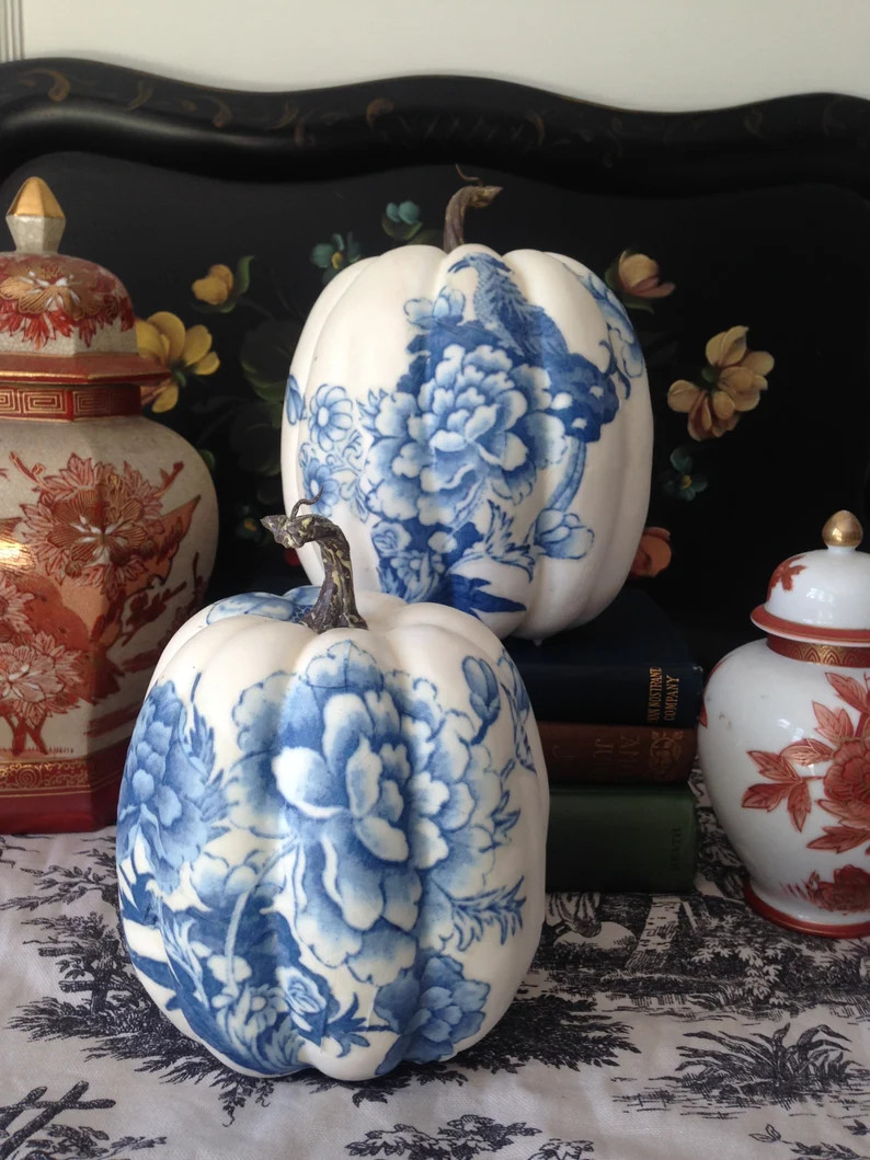 Indigo Blue Chinoiserie Birds Faux Pumpkin/Blue and White Pumpkin/Unique Autumn Decor/Halloween/T... | Etsy (US)