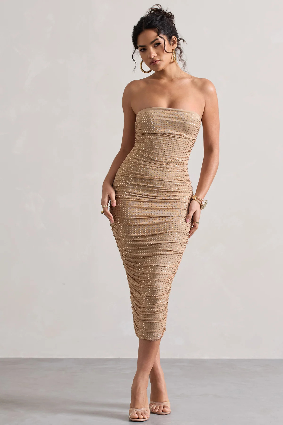 Astro | Gold Embellished Bandeau Midi Dress | Club L London