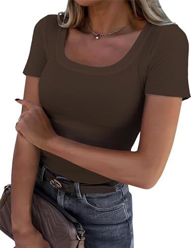C.O.Z.Y Womens Short Sleeve Scoop Neck Tops Ribbed Knit Basic Tee Casual Summer Fitted Shirts 2025 Trendy Outfits Brown Large | Amazon (US)