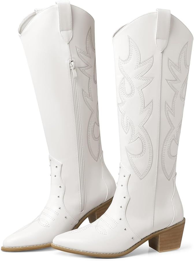 SHIBEVER Knee High Boots for Women: Cowboy Cowgirl Low Heel Metallic Western Glitter Pointed Toe ... | Amazon (US)
