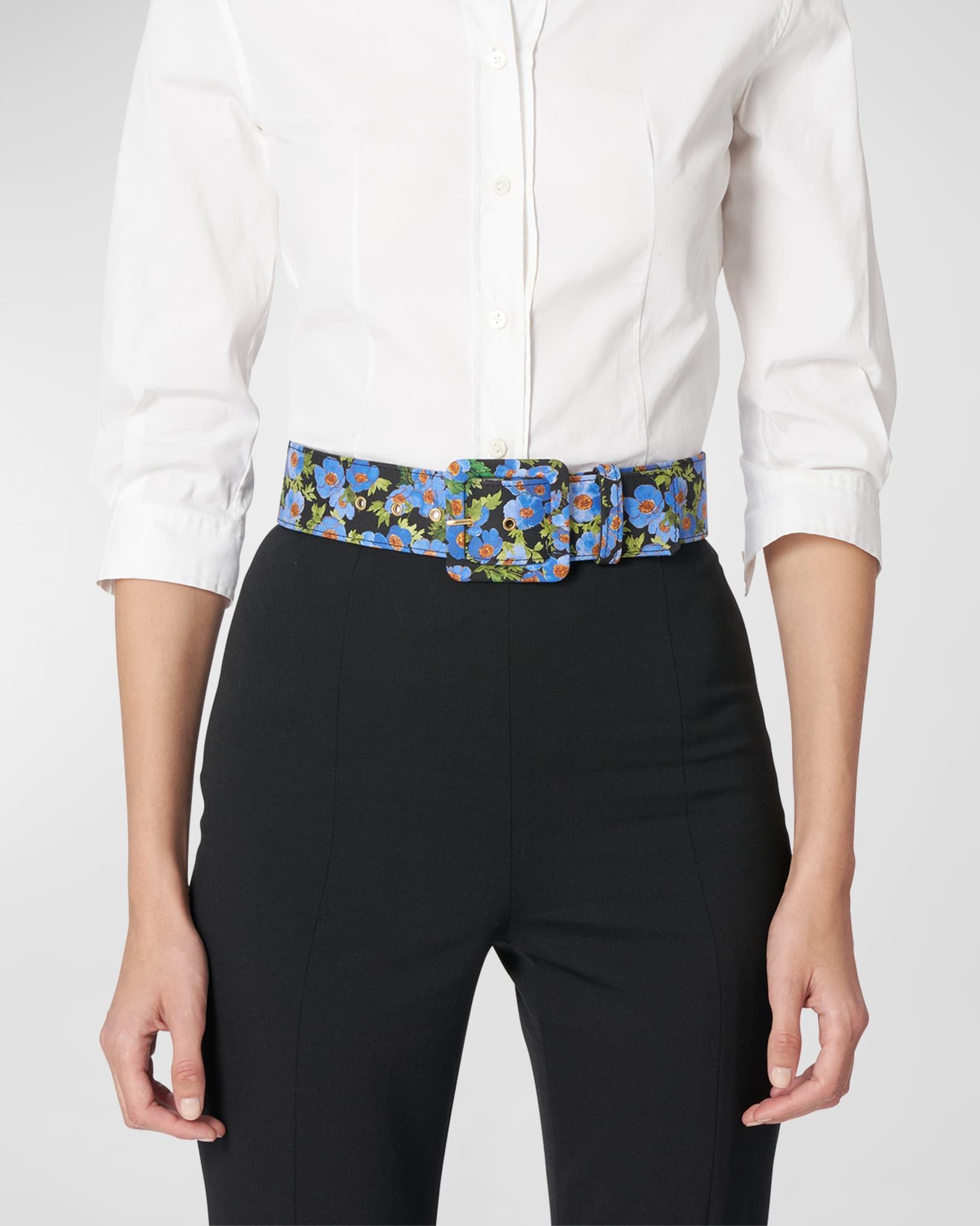 Floral-Print Square-Buckle Classic Wide Belt | Neiman Marcus