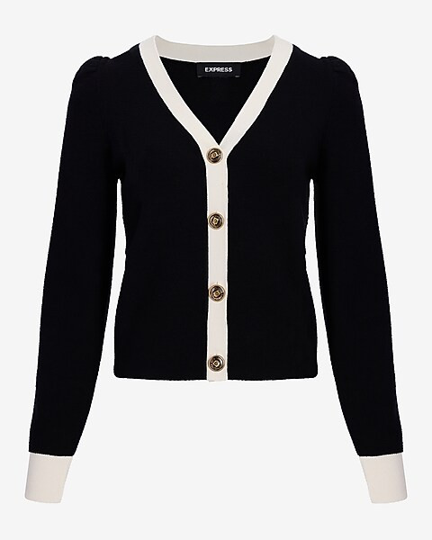 Tipped Novelty Button Puff Sleeve Cardigan | Express