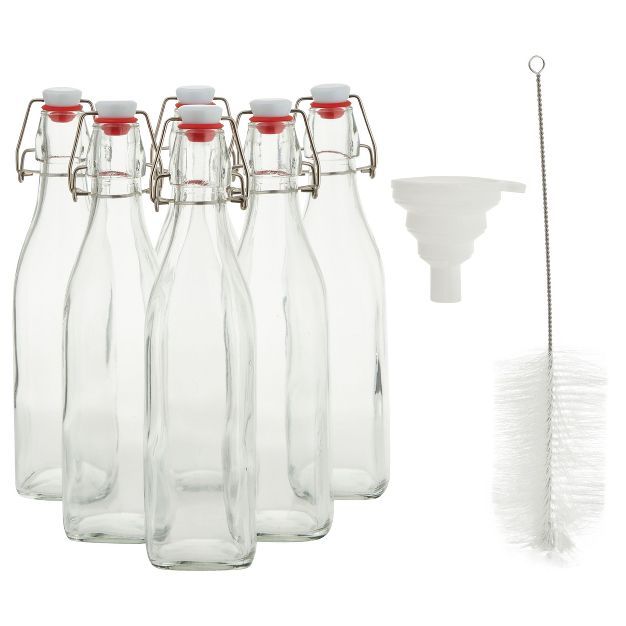 Juvale 6 Pack Square Swing Top Glass Bottles with Lids 16 Oz, Brush & Funnel for Homemade Brew, C... | Target