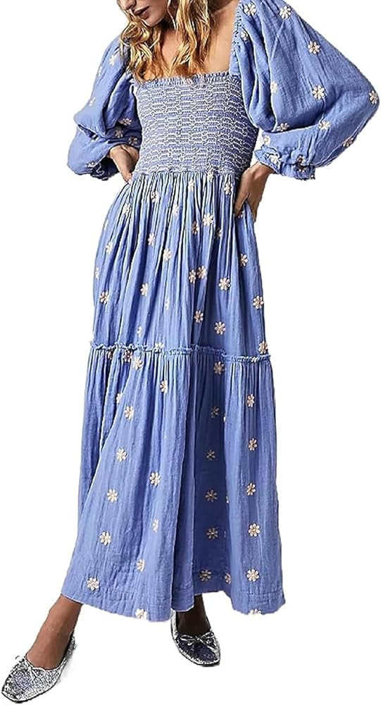 ABYOVRT Women Floral Embroidered Maxi Dress Long Puff Sleeve Square Neck Bohemian Flowy Dress wit... | Amazon (US)