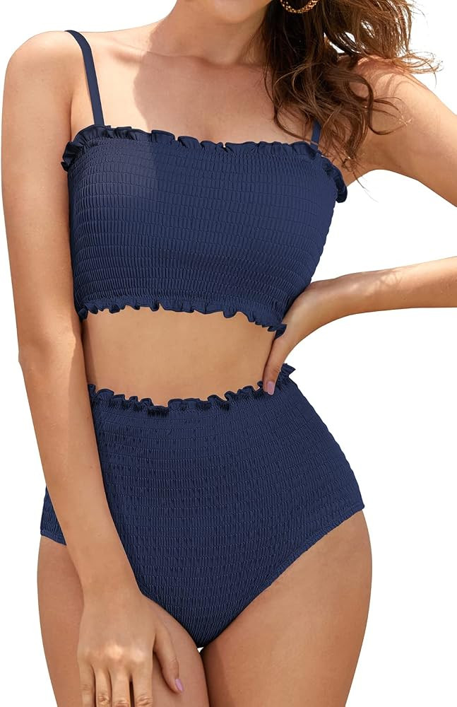 SHEKINI Women's Bikini Sets Shirred Bandeau Bikini Top High Waist Bathing Suit Removable Straps T... | Amazon (US)
