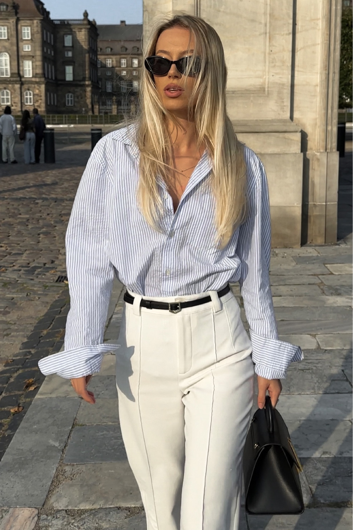 Classy look, autumn style, fall trends, White suit pants, baby blue shirt, leather black belt, old money style, elegant look, business casual, back to work inspo 

#LTKworkwear #LTKunder100 #LTKSeasonal