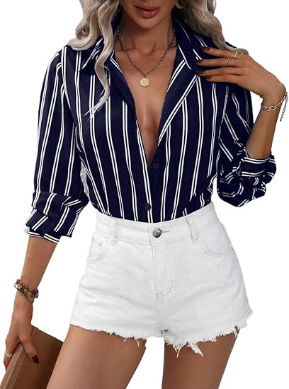Womens Summer Striped Print Button Front Shirt Long Sleeve Tee Shirt Top for Women | Amazon (US)