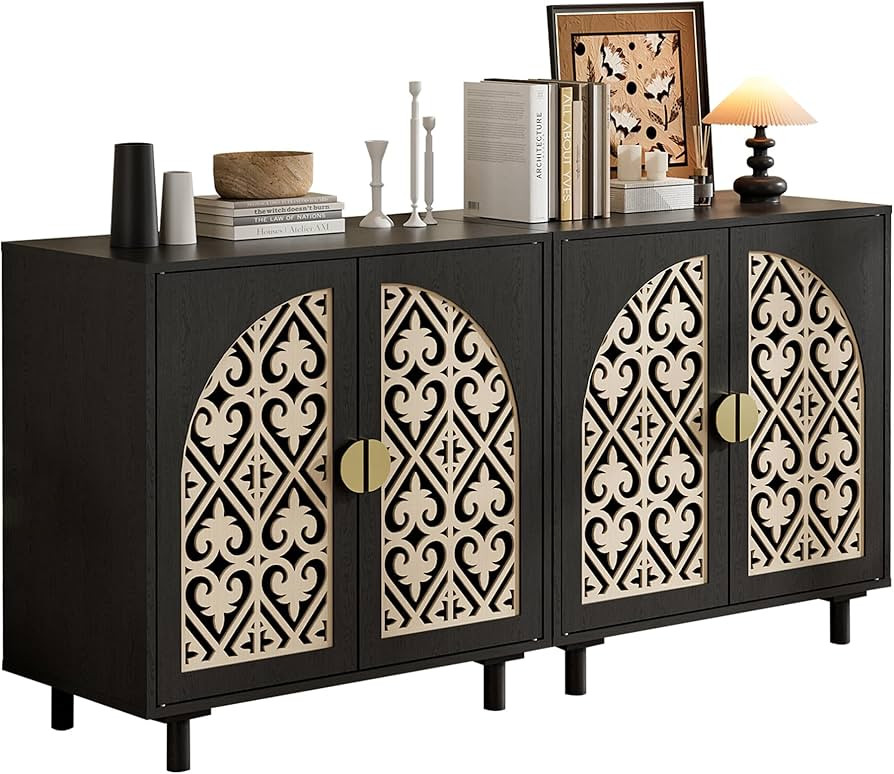 Decorative Storage Cabinet Sideboard with Hollow Carved Panels, 4 Doors Storage Sideboard Cabinet... | Amazon (US)