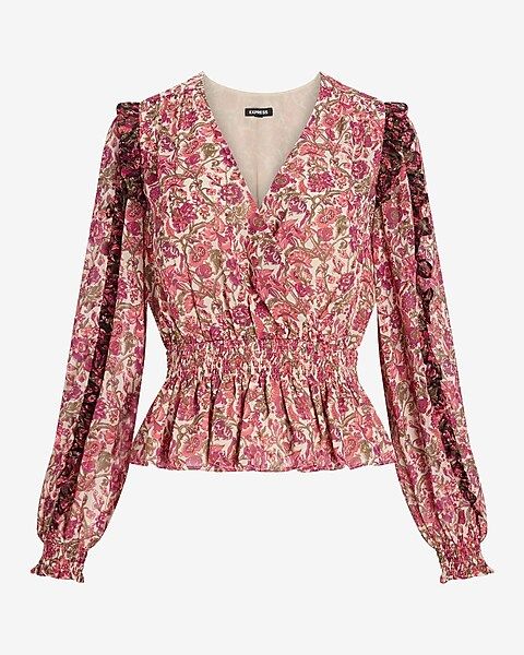 Metallic Floral Ruffle Wrap Front Peplum Top | Express