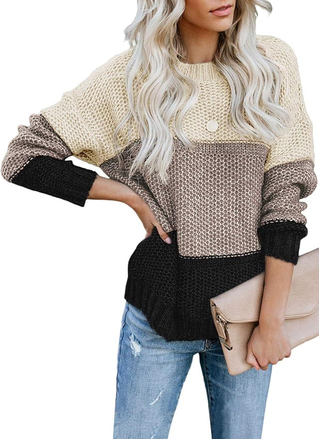 Lovezesent Womens Color Block Long Sleeve Ribbed Knit Oversized Pullover Sweaters | Amazon (US)