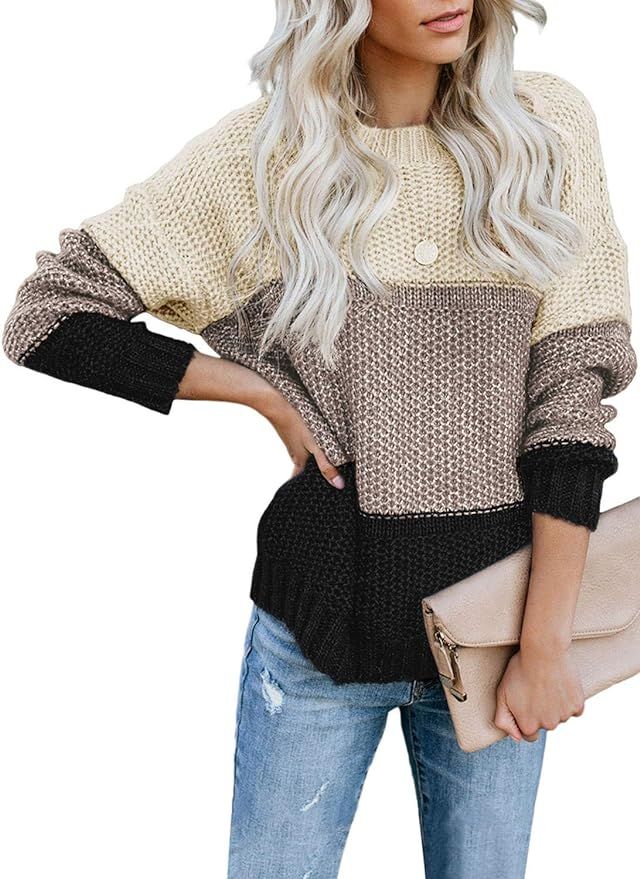 Lovezesent Womens Color Block Long Sleeve Ribbed Knit Oversized Pullover Sweaters | Amazon (US)