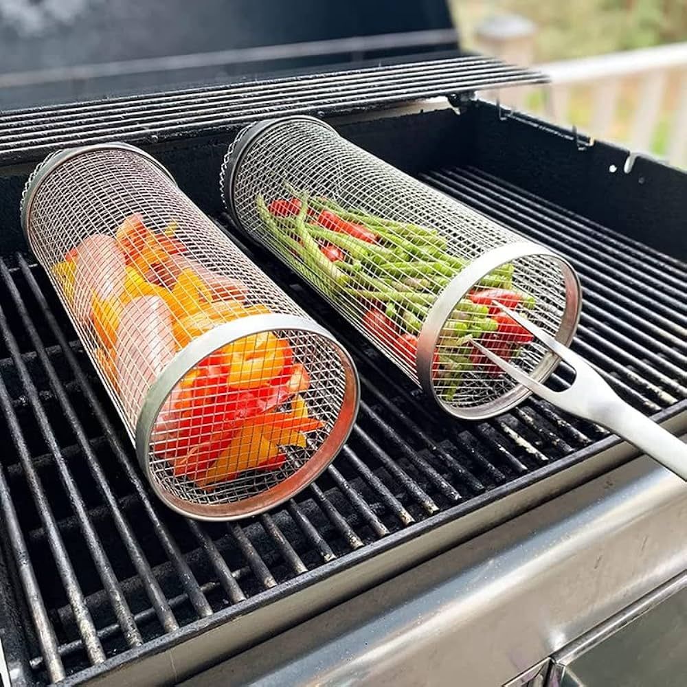 Daioloes BBQ Net Tube 2 Pack, Rolling Grilling Basket 12 Inch, Non-Stick Barbecue Basket Rotisser... | Amazon (US)