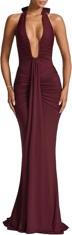 Women Deep V Neck Ruched Maxi Dress Sleeveless Halter Gown Cocktail Evening Formal Dresses | Amazon (US)