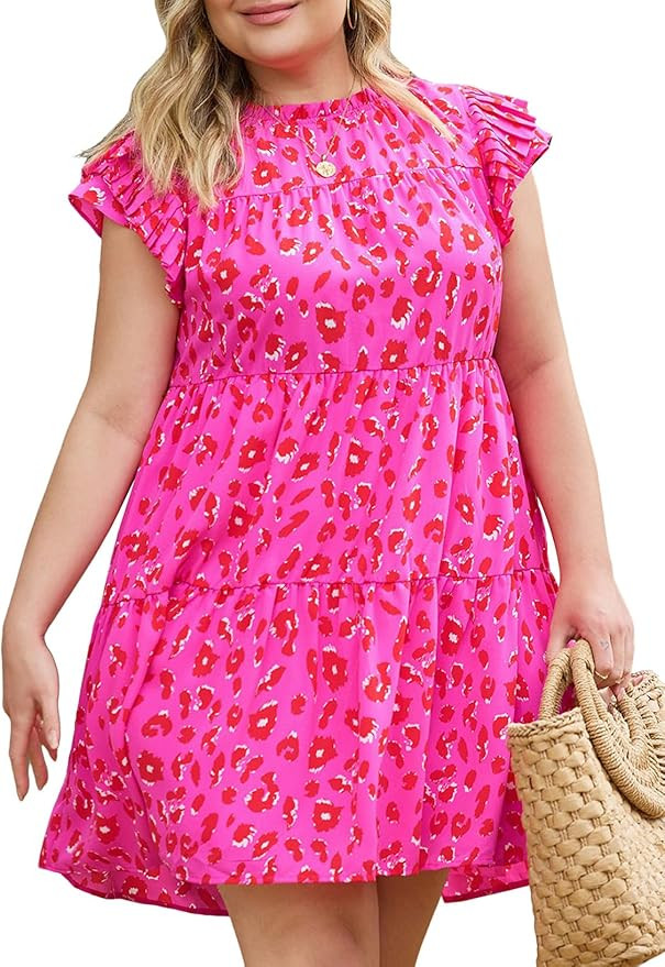 Eytino Womens Plus Size Dress Leopard Printed Crewneck Ruffle Sleeve Flowy Mini Dresses(1X-5X) | Amazon (US)