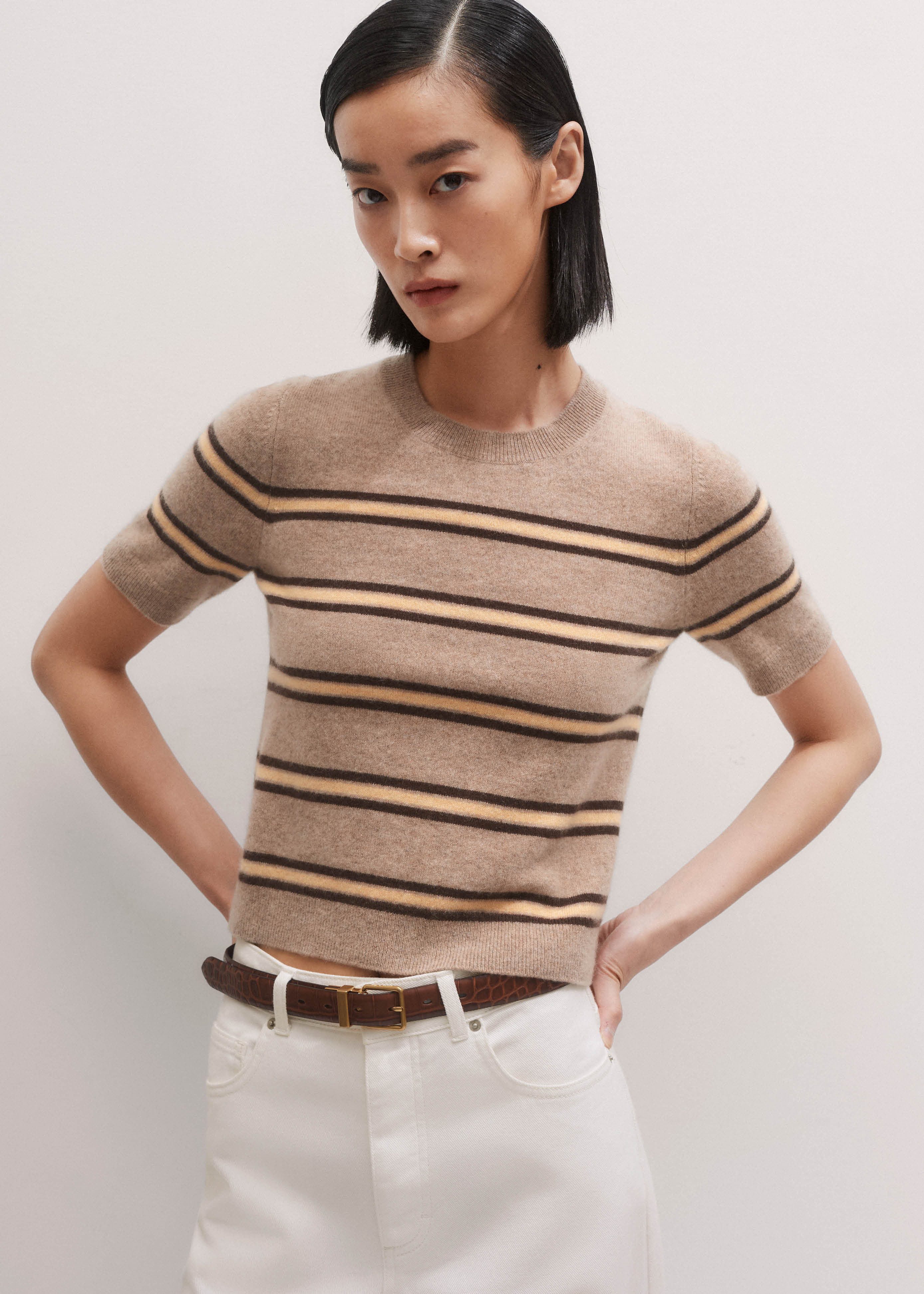 Cashmere Stripe Crop Knit Tee Cashmere | ME+EM Global (Excluding US)