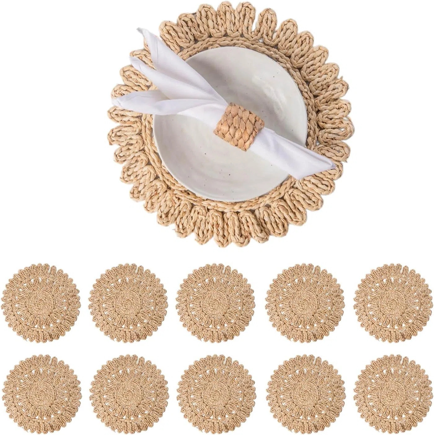 Set Of 10 Round Corn Husk Placemats | Boho Woven Rattan Table Mats | Farmhouse Wicker Chargers Wi... | Wayfair North America