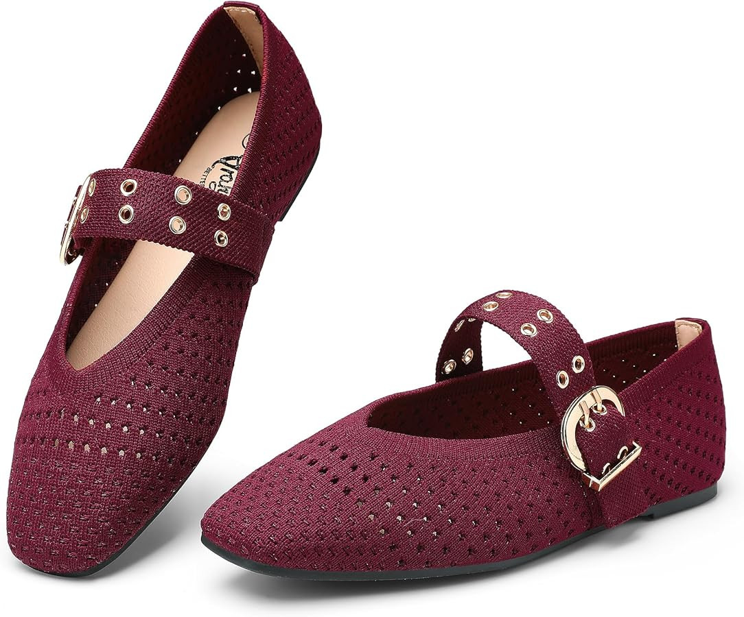 Trary Knit Flats for Women Square Toe Ballet Flats with Buckle Straps Mary Jane Shoes Women Comfo... | Amazon (US)