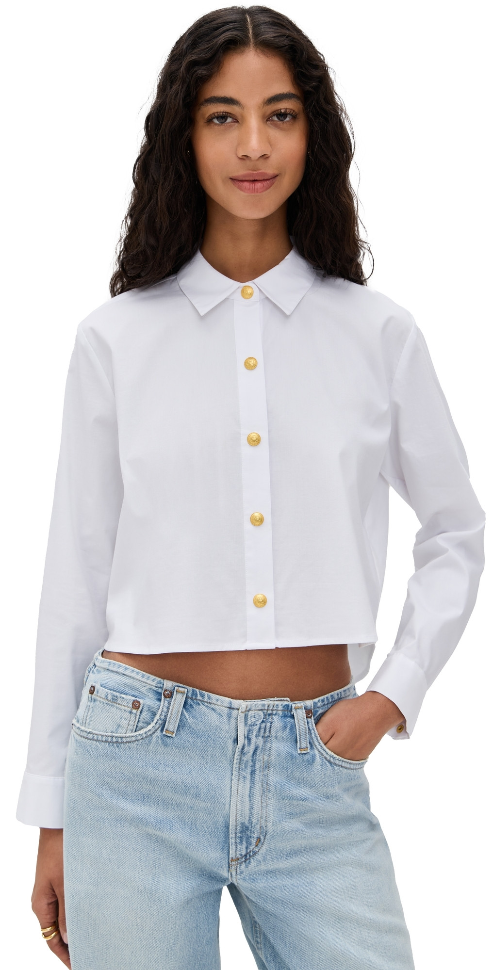 L'AGENCE Cosette Crop High Low Shirt White/Gold S | Shopbop