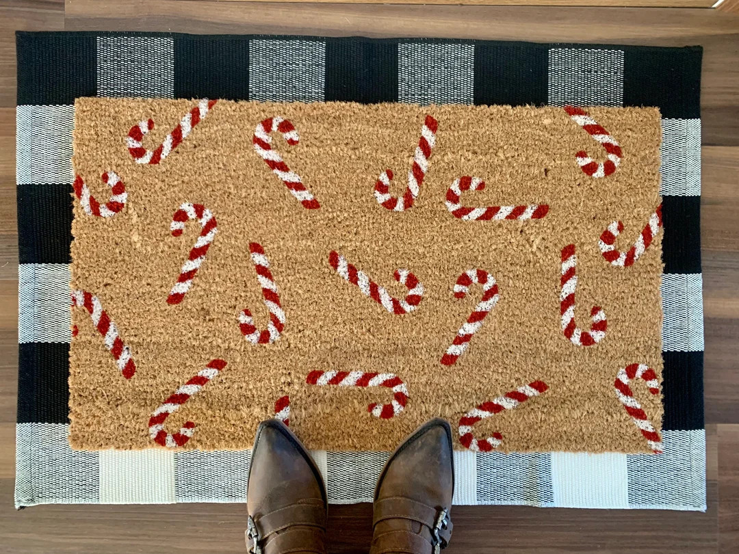 Falling Candy Canes Christmas Coir Door Mat | Etsy (US)