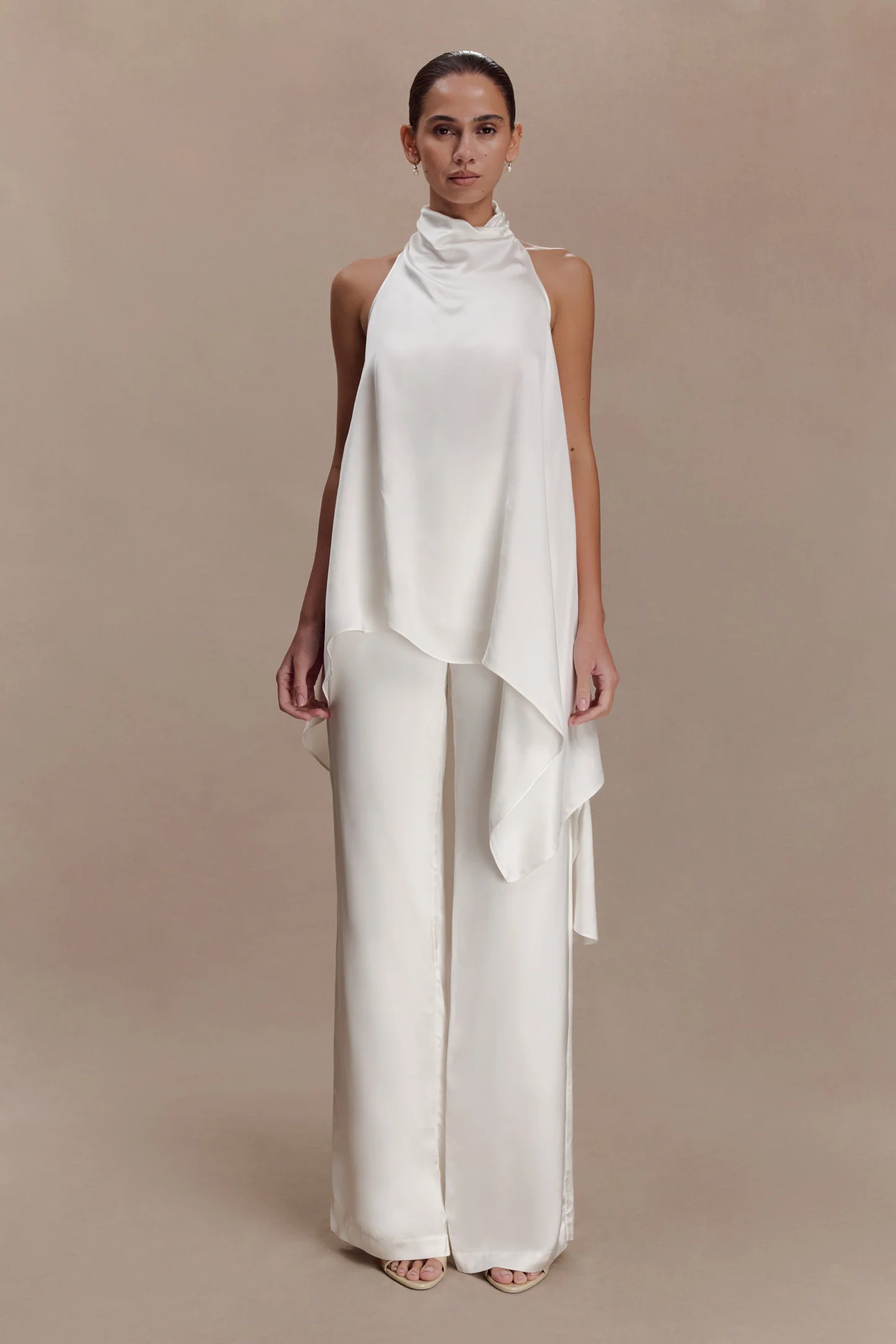 Sydney Asymmetrical Satin Halter Top - Ivory | MESHKI US