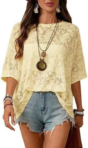 SOLY HUX Women's Floral Mesh Tops Short Sleeve Crew Neck See Through T Shirts Vacation Festival O... | Amazon (US)