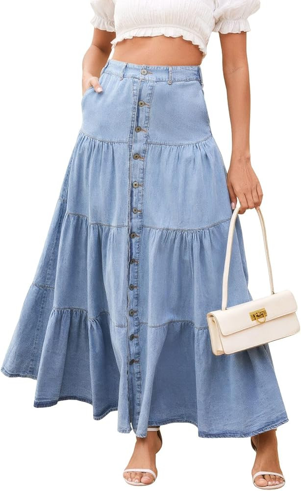 ebossy Women's Tiered Button Down Denim Maxi Skirts High Elastic Waist Pleated Swing A-Line Jean ... | Amazon (US)