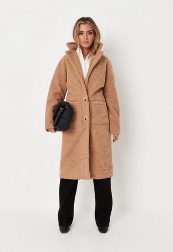 Petite Brown Borg Teddy Patch Pocket Coat | Missguided (US & CA)