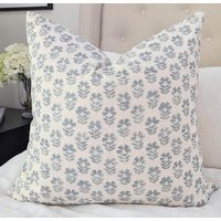 Hampton Style Blue Floral Pillow Cover, Sky & Off White Block Print Linen Throw Cover | Etsy (US)