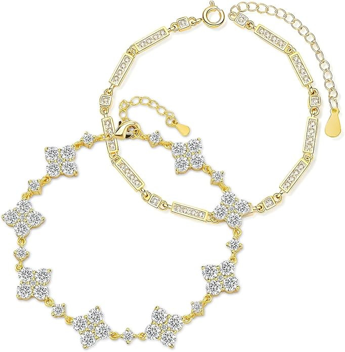 14K Gold Plated Bracelet Set for Women 2Pcs Personalized Stackable Square and Clover Bracelet Adj... | Amazon (US)