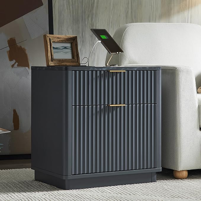 T4TREAM 23'' Fluted Nightstand with Charging Station, Large 2 Drawer Bedside Table, Modern End Ta... | Amazon (US)